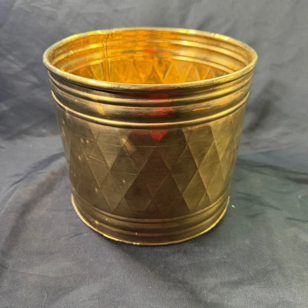Vintage Brass Diamond Quilted Planter Pot Hollywood Regency Gold 7in